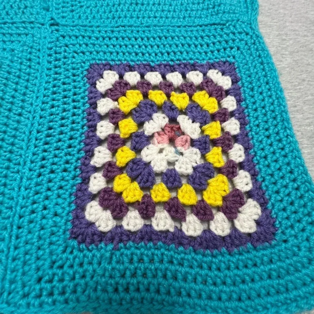 Boho‎ Y2K Crochet Granny Square Afghan Blanket Handmade Turquoise Rainbow 42x45